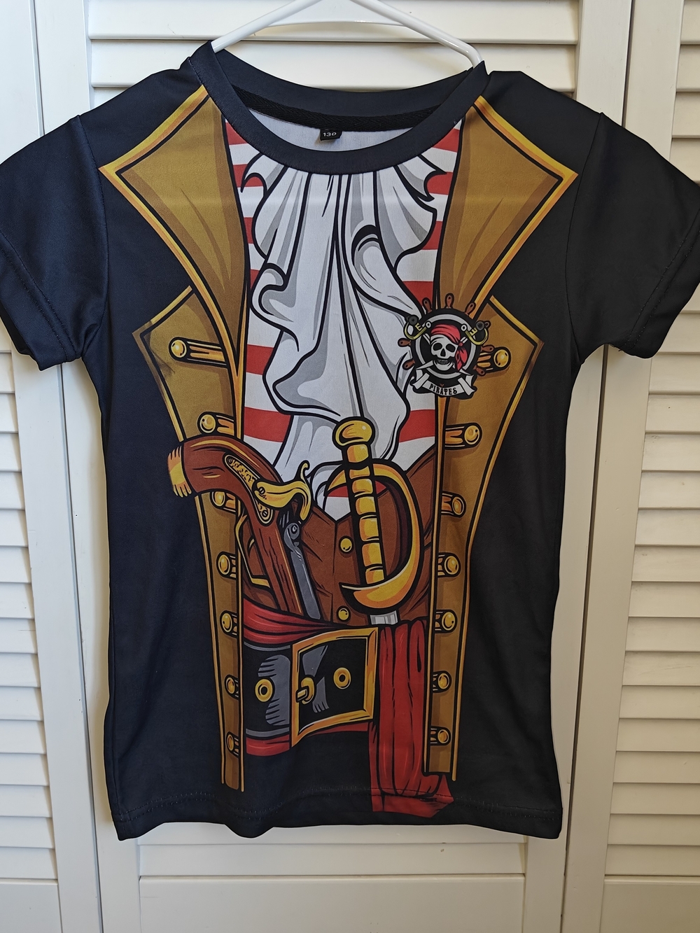 Graphic Pirate Costume Tee with Gold Jacket Print Kids Size 7/8